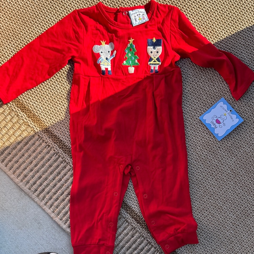 Holiday Red Kids Footie with Festive Embroidery